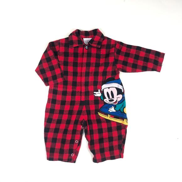 DISNEYS MICKEY MOUSE CHRISTMAS FLANNEL ROMPER SIZE 6M - Picture 1 of 3